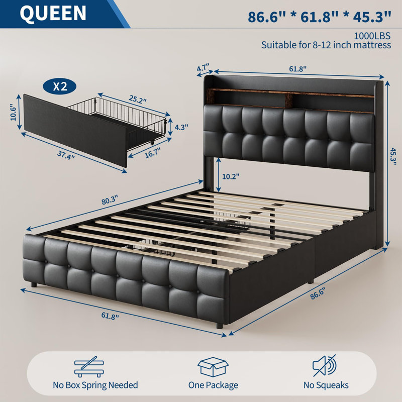 Bed Frame with 2 Drawers & Shelf Headboard, Upholstered Platform Bed with Metal Slats, No Box Spring Needed, Black, Queen