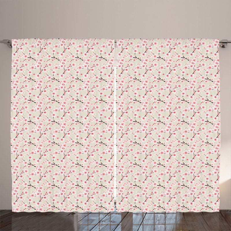 Rustic curtain, flowering cherry blooms, beige