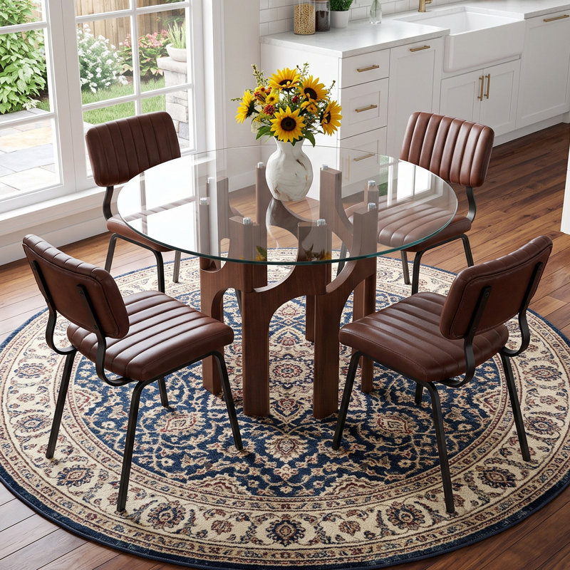 Ensemble de salle à manger moderne du milieu du siècle, composé de 5 pièces, comprenant une table ronde en verre trempé de 46 pouces et 4 chaises en similicuir capitonnées.