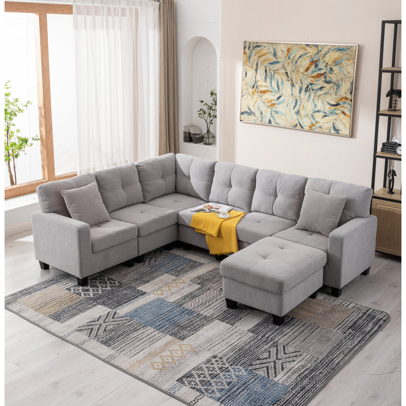 Ensemble de canapé modulaire réversible de coin et repose-pieds, Polyester gris clair