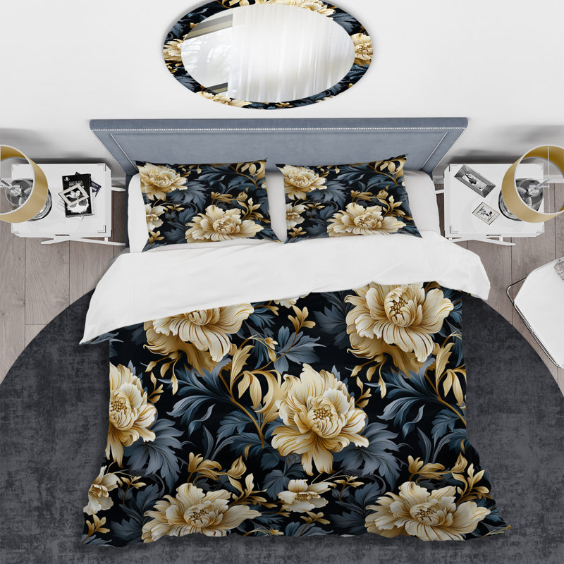 Ensemble de housse de couette luxueux en microfibre damassé noir et beige, Housse de couette pour grand lit et 2 taies décor