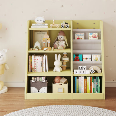 Vesta Kids 4-Tier Engineered Wood Bookcase with 3 Deep Storage Crossbody Pockets, 31.6"H x 33.9"W