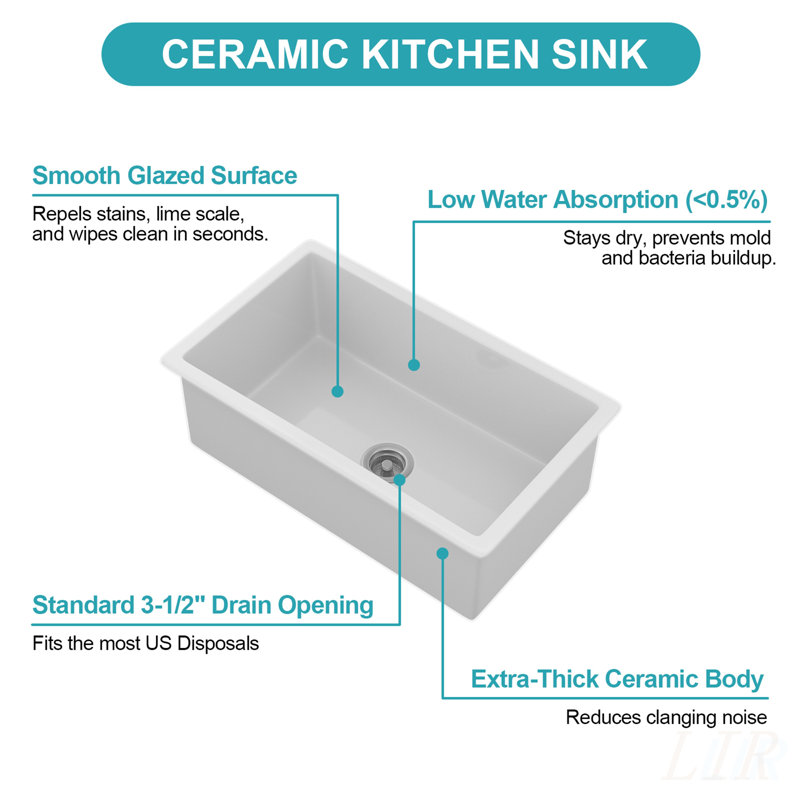 30x18x10 Undermount Single Bowl Fireclay Kitchen Sink - Dual Mount White Porcelain Rectangular Deep Basin