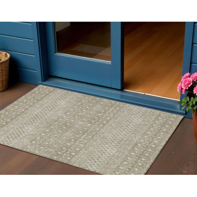 Tapis d'intérieur tribal lavable taupe 3 pi x 5 pi vert et ivoire