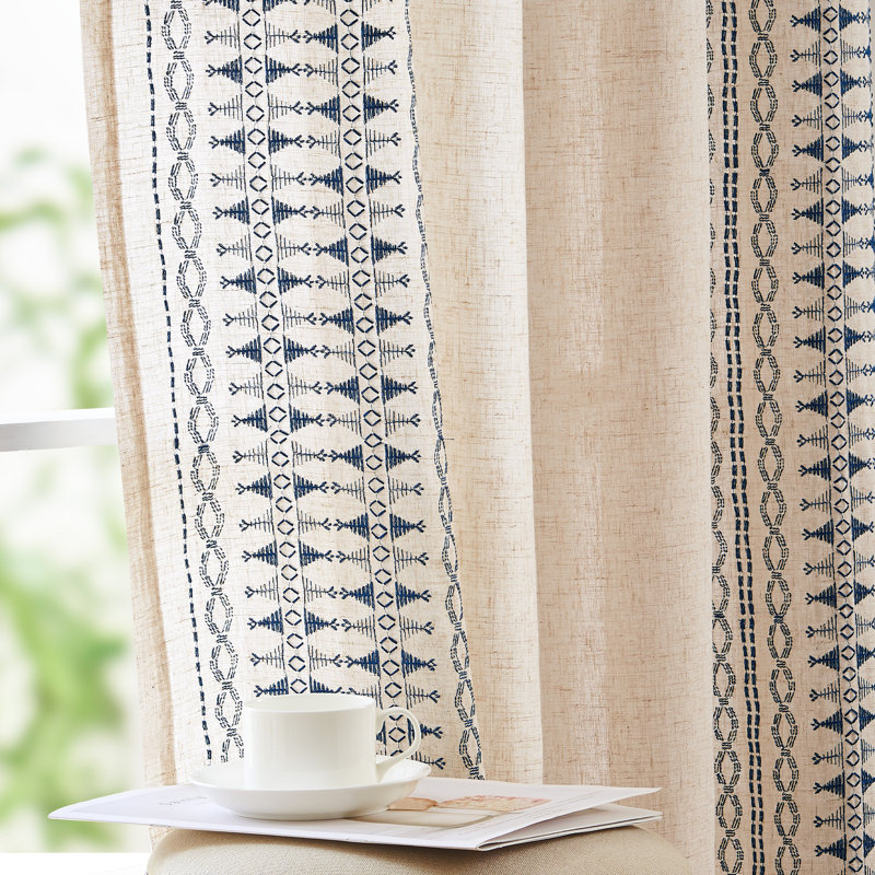 Paire de rideaux semi-transparents en lin Kidist, L 50 po x L 63 po, Bleu / Beige