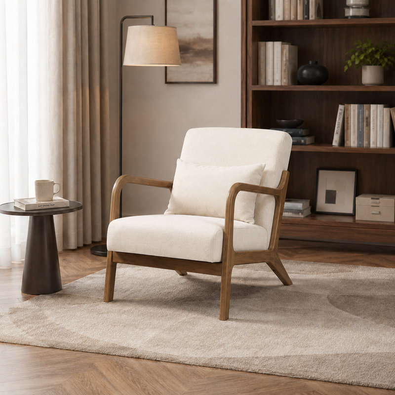 Fauteuil d'appoint Mid Century, Blanc antique et lin en coton, Noyer