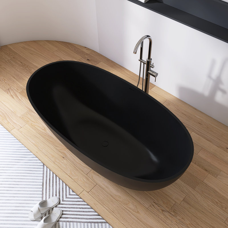 61'' x 30'' Freestanding Soaking Solid Surface Stone Resin Bathtub, Black