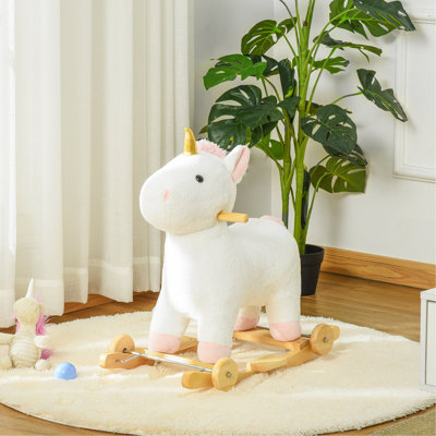 Cheval à bascule, cheval à bascule 2 en 1, cheval à bascule roulant en forme de licorne avec son, base en bois, pédale, poignée, poney en peluche pour 3-6 ans, blanc