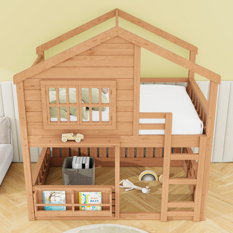 House Bed with Double-Layer Play and Sleep Design, Full Over Full