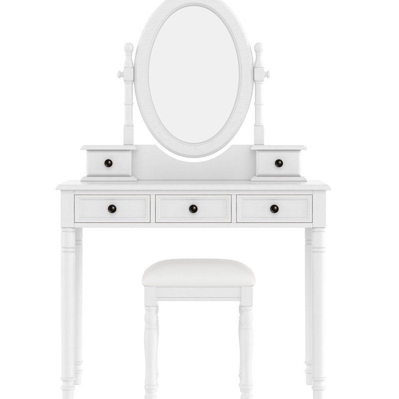 Coiffeuse blanche avec miroir réglable, 5 tiroirs de rangement et tabouret confortable, miroir d'angle de table de maquillage en bois de style rétro, coiffeuse de chambre à coucher, matériau en bois d'hévéa