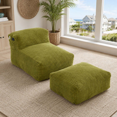 Modern Corduroy Big Bean Bag Chair with Ottoman, Memory Foam Filled Lounger Sofa for Living Room Bedroom Balcony