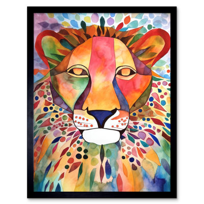 Lion With Multicoloured Pattern Mane Folk Art Watercolour Painting Artwork Framed Wall Art Print 9X7 Inch