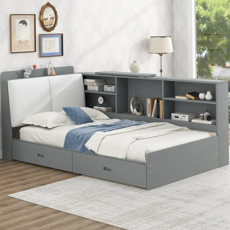 Lit plateforme en bois avec tête de lit, tablettes et 2 tiroirs, Gris antique
