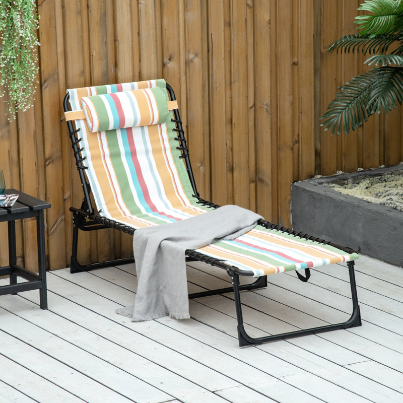 Beach Relax Seat - Folding Chaise Lounge, 4 Recline, Breathable Mesh & Bungee Seat, Pillow, Yellow Outdoor Reclining Chaise, For Patio