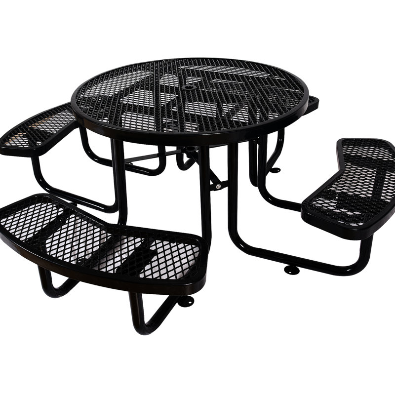 46" Outdoor Steel Picnic Table, Black With Umbrella Holder Stand - Strong For Backyard Bbq, Picnic, Camping Round Heavy-Duty Table Pole, Ideal Fishing,