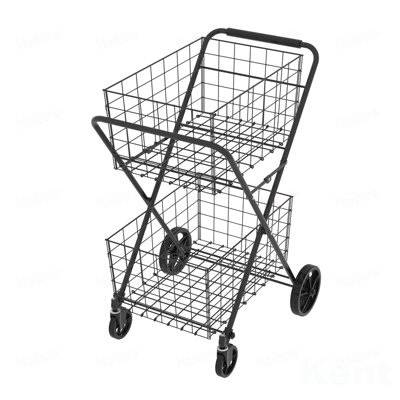 Panier Jumbo, chariot d'épicerie sur roulettes 2 couches, chariots pliables avec panier double et roulettes pivotantes à 360 ° pour l'épicerie