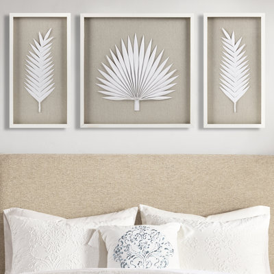 Rice Paper Leaves 3 Wall Decoration - Framed Linen Indoors Use Decor With Palms Handmade Base Indoor Hanging Art