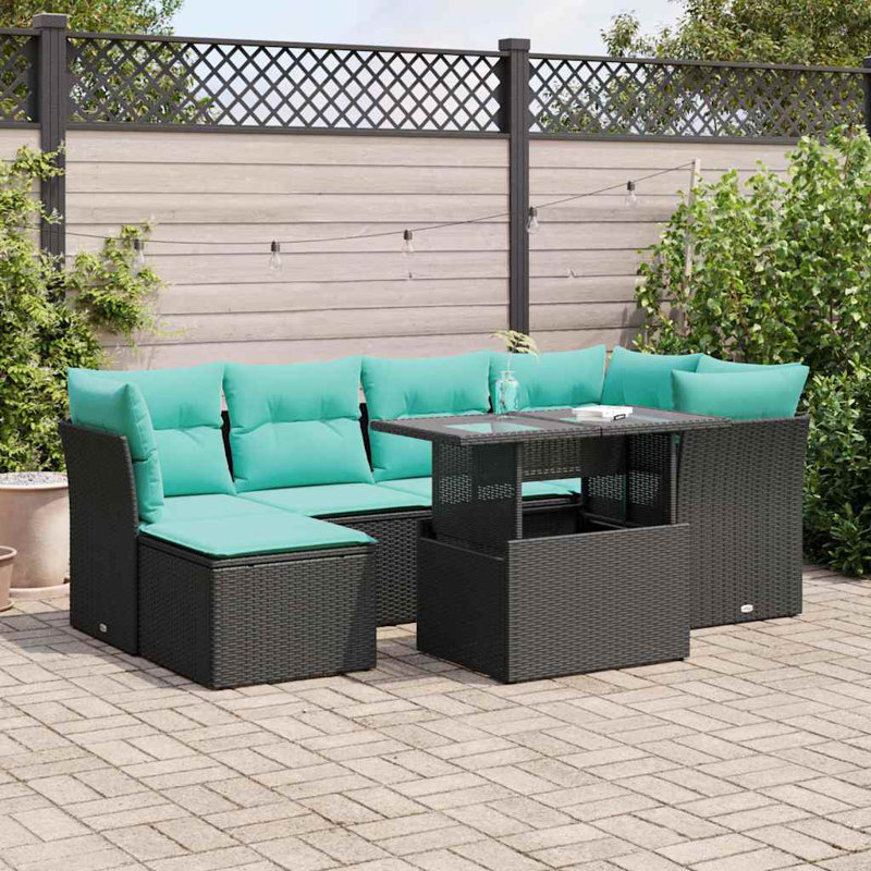  Ensemble de canapé de patio 7 pièces avec coussins en rotin polyacacia, Noir, Vert