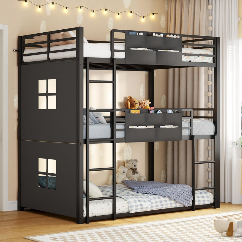 Twin Size Triple Bunk Bed with 2 Side Storage Pockets, Black Metal Open-Frame with Double Window Guardrails, Space-Saving 3-Tier Bed for Shared Bedrooms & Compact Spaces