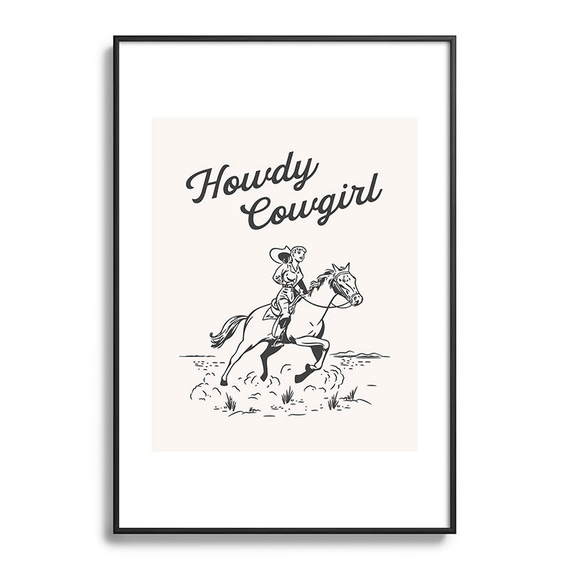 Howdy Cowgirl Black, encadré sur papier, H 19 po x l 13 po, Noir