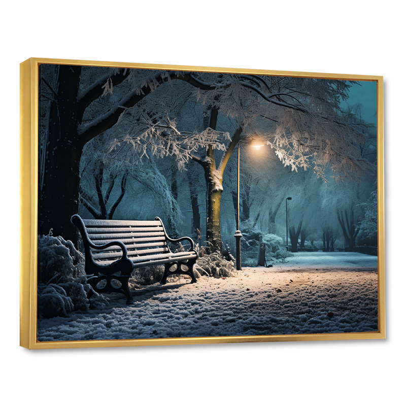 «Snowy Park Floral Canopy At Night - Forest», art mural sur toile tendue, Cadre flottant doré, H 30 po x l 40 po x P 1,5 po
