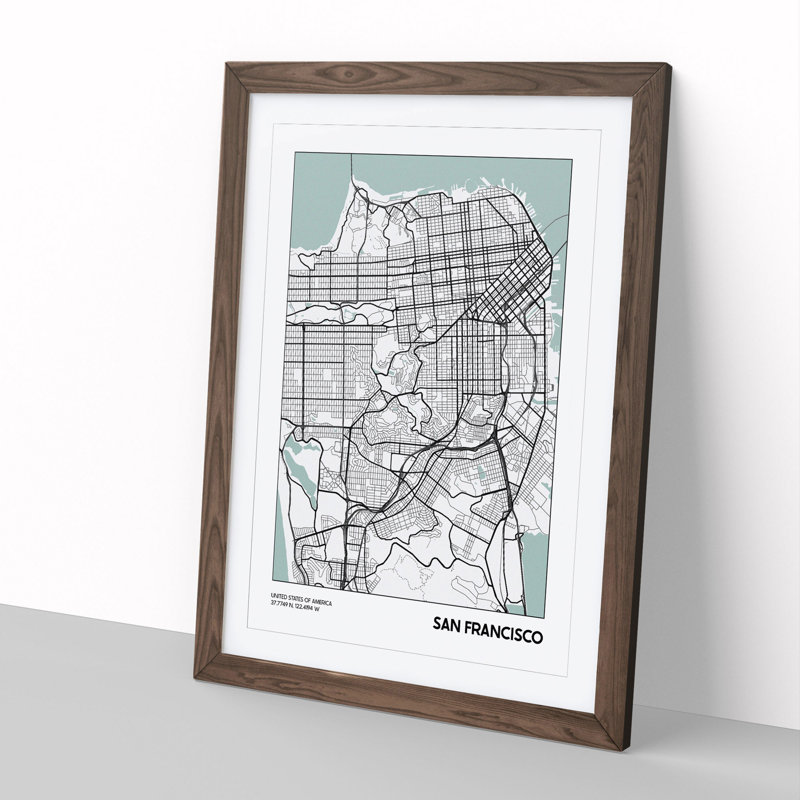 Map San Francisco USA - Picture Frame Graphic Art, 36cm H x 27cm W x 2cm D, Walnut