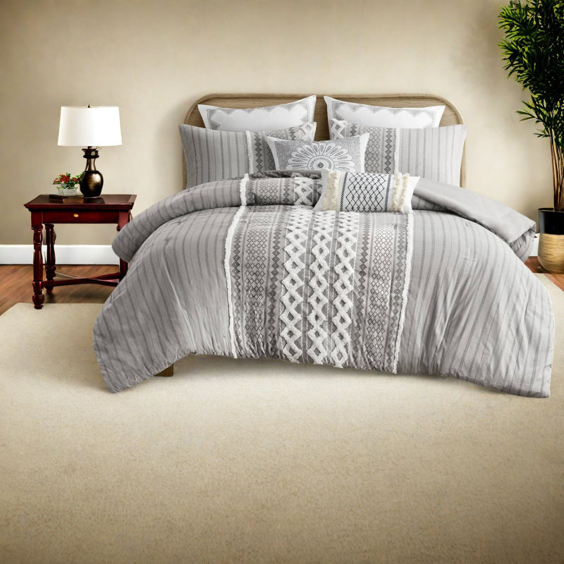 Ensembles de literie d'édredon gris doux en coton, hypoallergénique avec chenille touffetée, décor de chambre à coucher moderne