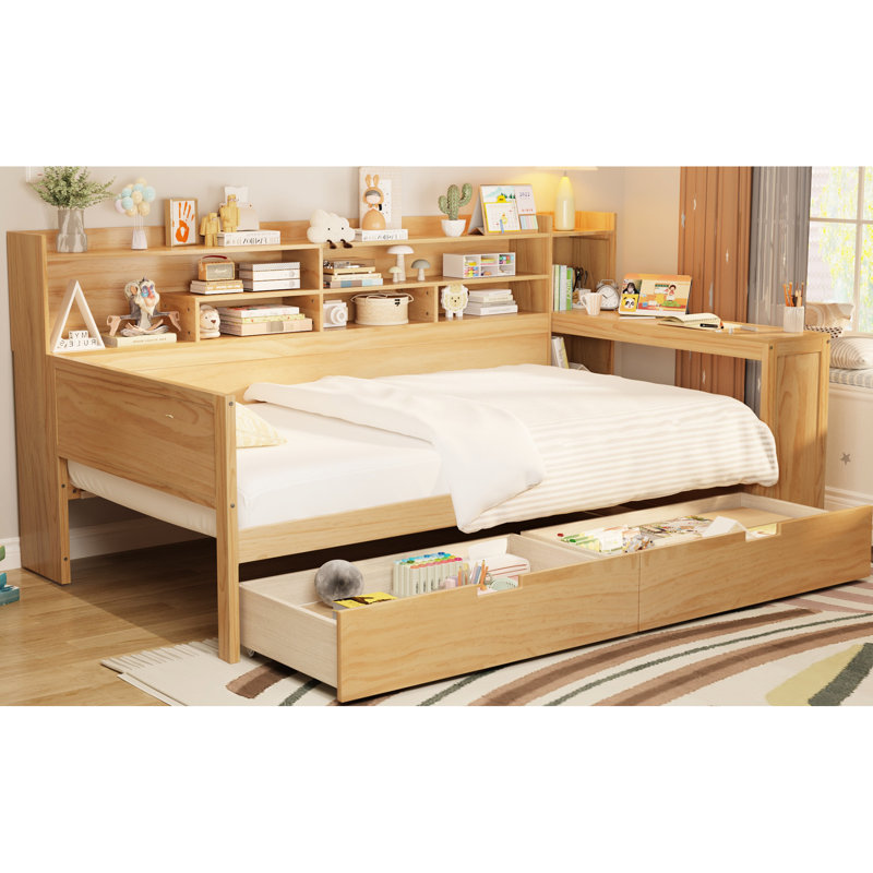 Natural Wood Twin Daybed With Multi-layer Storage And Study Desk - & Functional Multi-functional For Modern Element, Natural