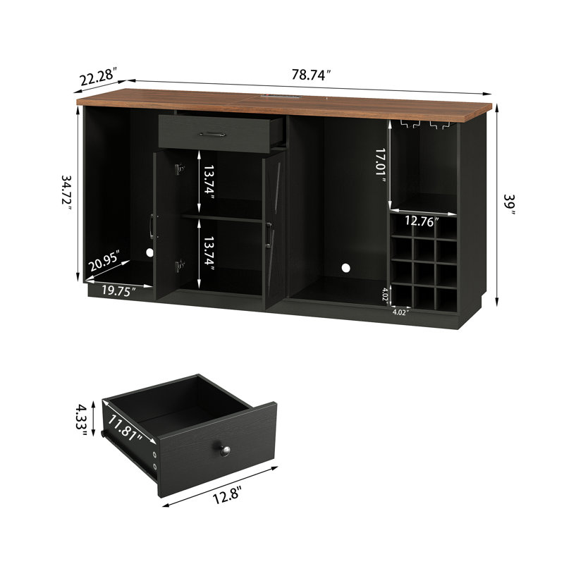 Grande armoire à café de 78,74 po avec espace réfrigérateur, mini armoire réfrigérateur avec rangement, armoire à boissons alcoolisées avec support à vin, prises de courant pour le salon et la cuisine, noir 614589E4B2CD469B81683F76FBD98708
