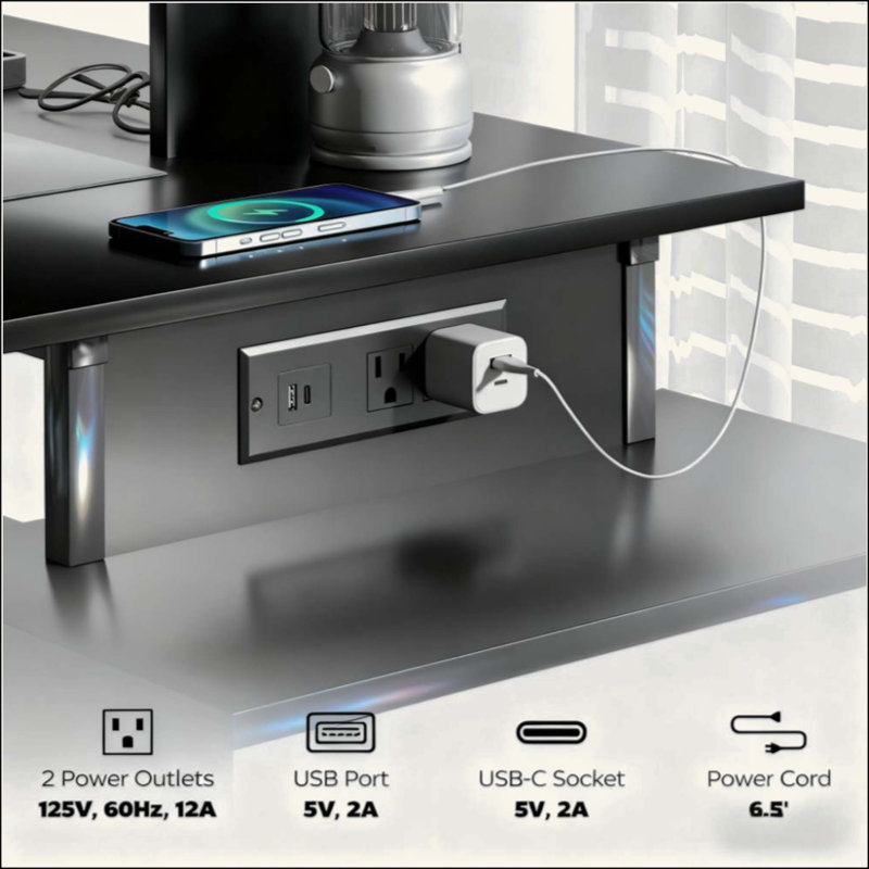 Gaming Desk With Storage, Computer Table With Power Outlets And LED Lights,For Home And Office, Black