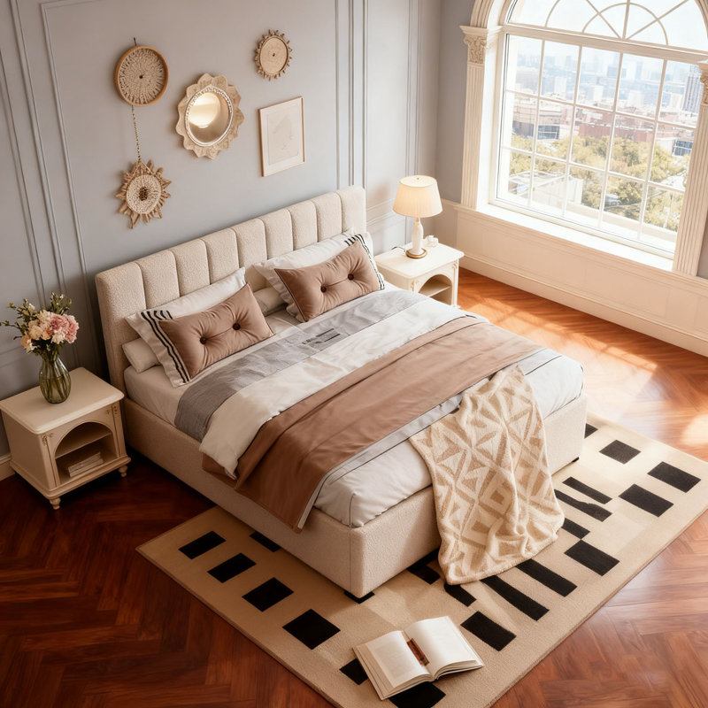 Lit plateforme tapissier Teddy, Beige, Double