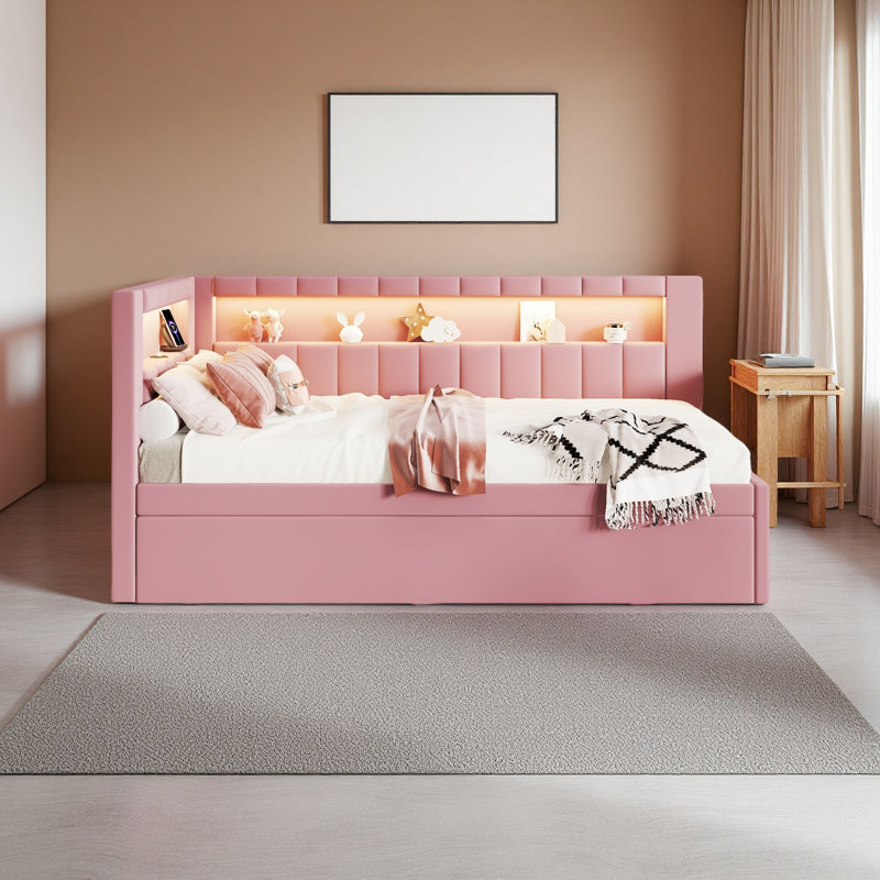 Lit plateforme tapissier avec ports USB et ceinture à DEL, avec lit gigogne, Lit simple, Rose