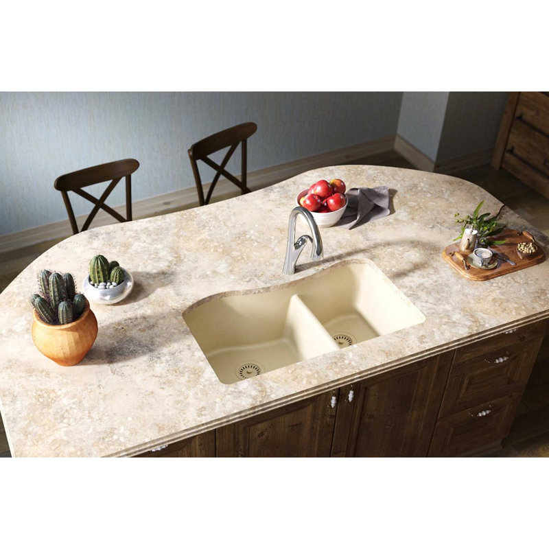 Quartz Classic 32-1/2" x 20" x 10" Double Basin Undermount Kitchen Sink, Sand