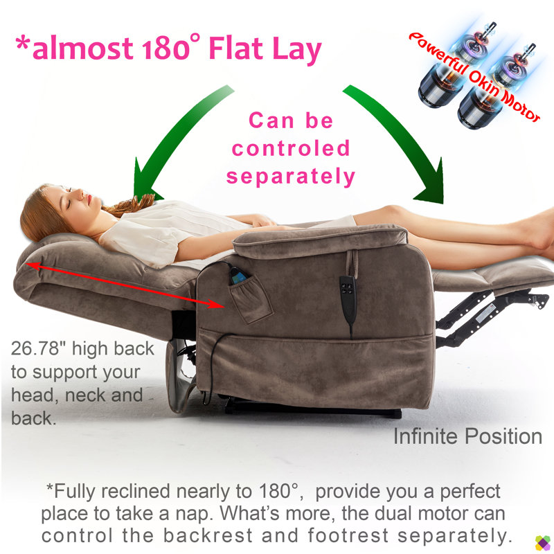 Karelin 35.54"W 180° Flat Lay Velvet Lifting Power Recliner, Massage, Heater, Brown Velvet