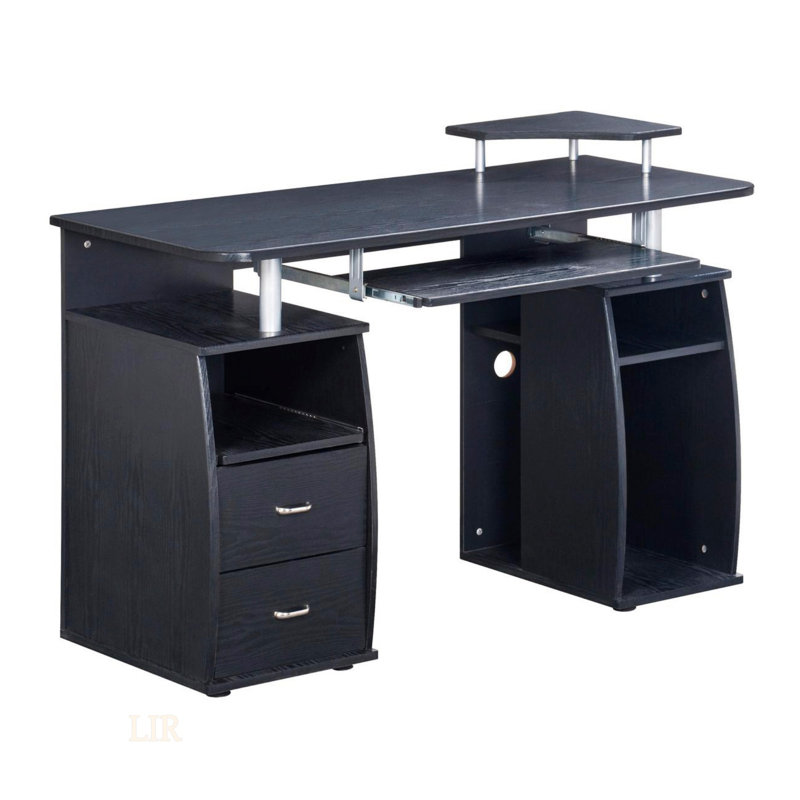 Bureau d'ordinateur Techni Mobili avec rangement, tablettes surélevées et plateau à clavier au fini espresso, Espresso