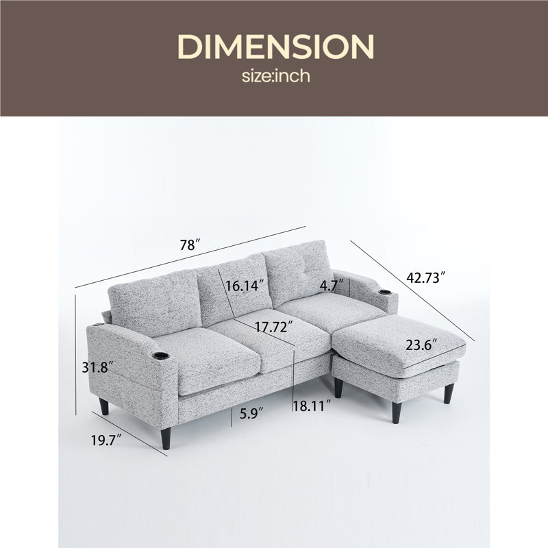 Canapé et méridienne rembourrés 2 pièces Geppie, H 31,8 po x l 78 po x P 42,73 po, Tissu bleu clair