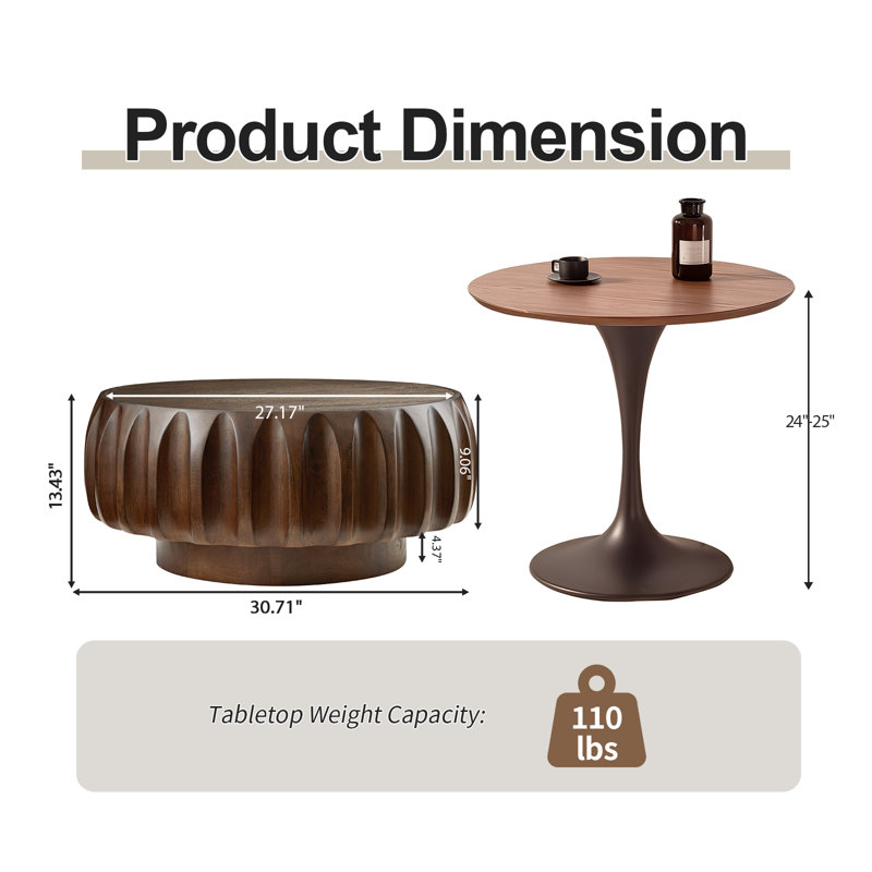 Khadim 30.7" Drum Coffee Table, Modern Unique Fluted Contemporary Wood Round Coffee Table with Fluted Center Table Design for Living Room, Walnut