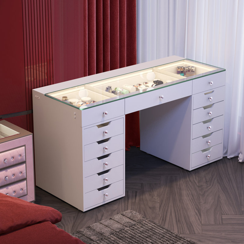 Makeup Vanity Desk HD Glass Top Built-in LED Light Strips Large 13 Drawers, White