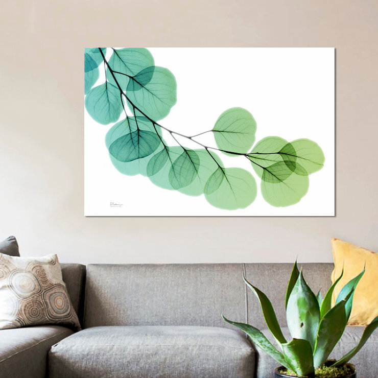 Impression d’art graphique sur toile tendue "eucalyptus vert bleu" par Albert Koetsier, H 26 po x l 40 po x P 1,5 po