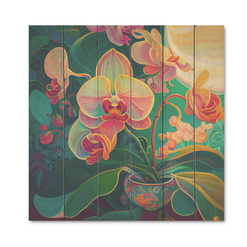 Orchidée en fleurs dans des couleurs vives rétro III - impression, H 24 po x l 24 po x P 1 po, Bois