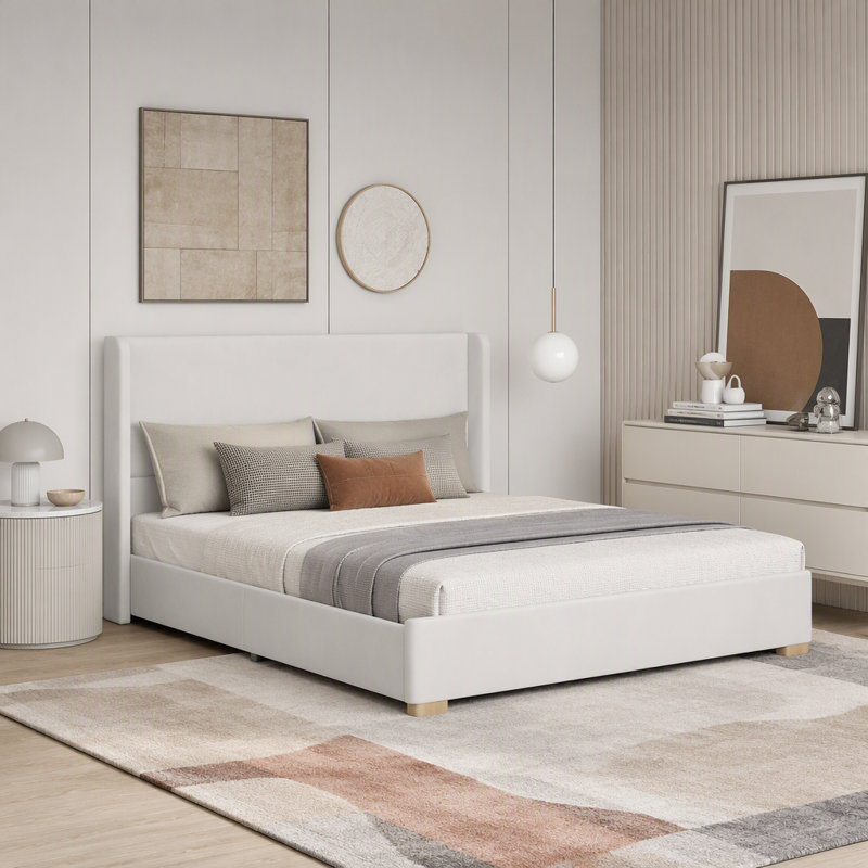 Très grand lit plateforme tapissier avec banc de rangement assorti (ensemble de 2), Crème, Très grand lit