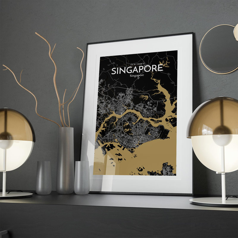 Carte de la ville de Singapour, impression, H 17 po x l 11 po, Noir et or