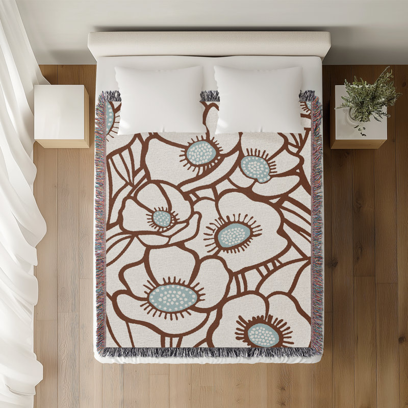 Jeté floral en coton, Brun rouille, 60 x 60