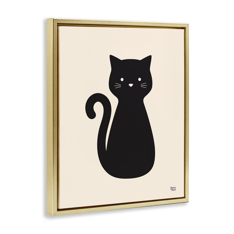 Feline Grace Black Cat Grey Framed Floater Canvas Wall Art by Jessica Beck, Cadre flottant métallique doré, H 21 po x l 17 po