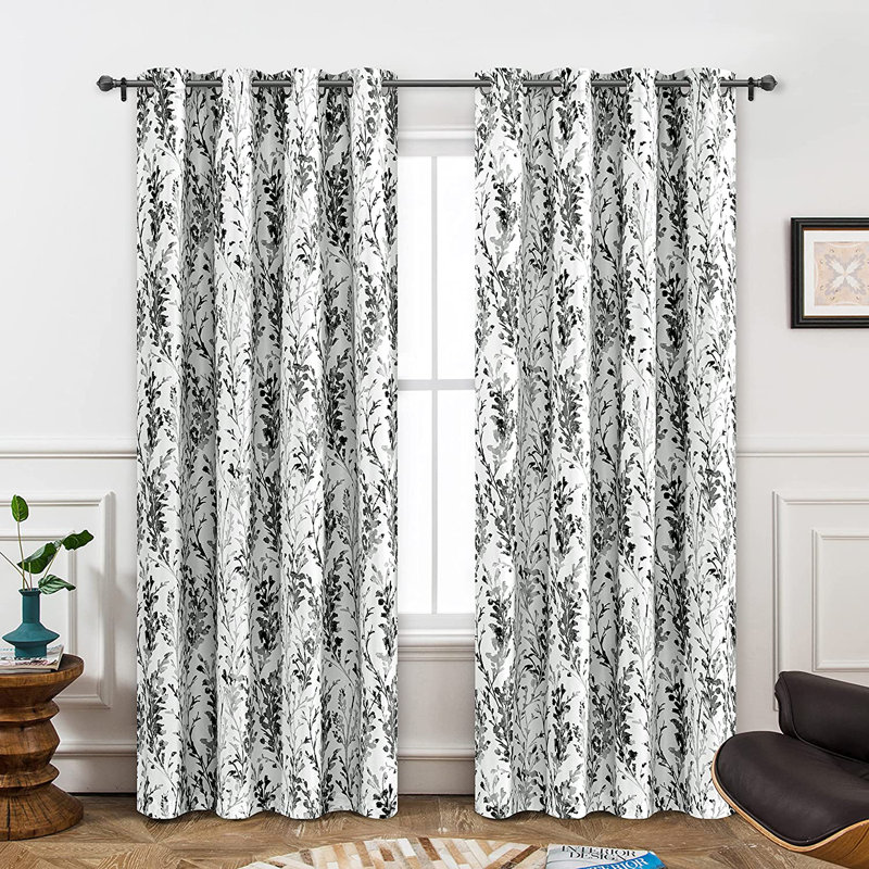 Rideau doublé à motif floral Rawlins, Noir anthracite / blanc