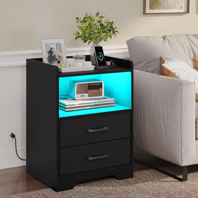 Nightstands Set 2, Led Nightstand With Charging Station, End Side Table With Usb Port, Bedside Table With 2 Drawers And Open Compartment For Bedroom,