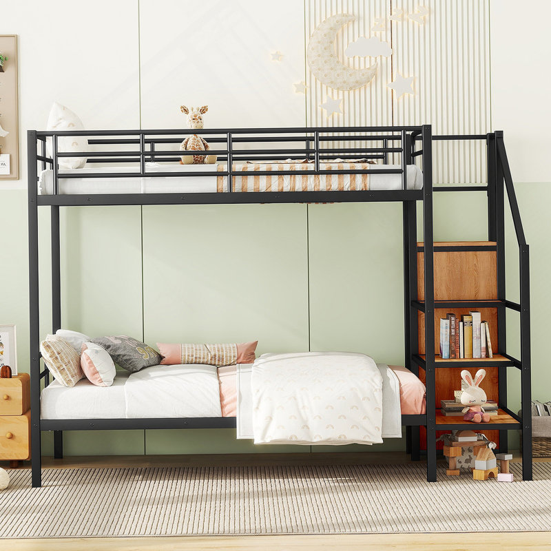 Lit superposé au-dessus de Chosposi avec échelle de rangement latérale et garde-robe, Noir, noir, noir, noir