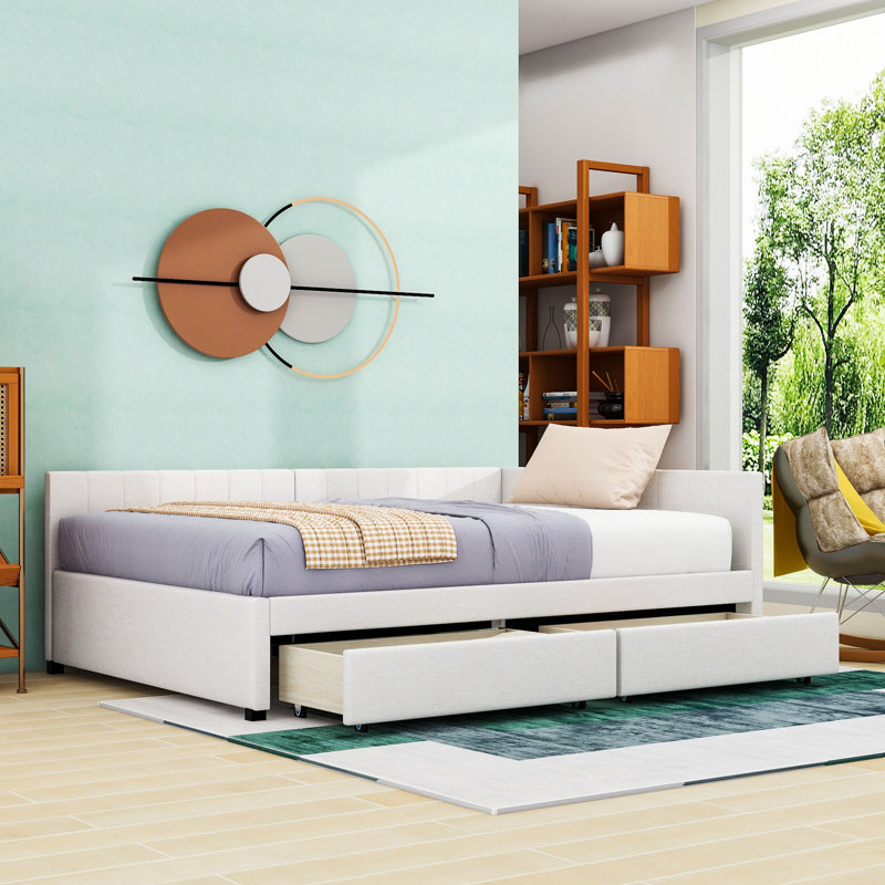 2 Drawers Full Upholstered Daybed, Semi-Closed Design, Beige