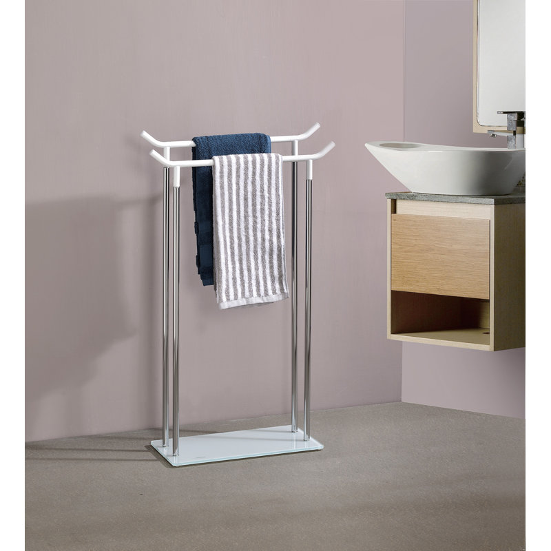 Freestanding Bathroom Towel Rack with Two Chrome Bars and Tempered Glass Shelf for Hanging Bath Towels and Washcloths in Compact Spaces with Sleek Modern Metal Frame for Stylish Organization