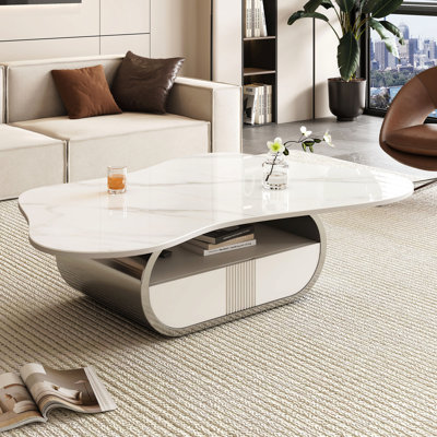 Modern Butterfly Coffee Table - Sintered Stone Top, Storage Shelf/Drawer, Stainless Steel Base - Modern